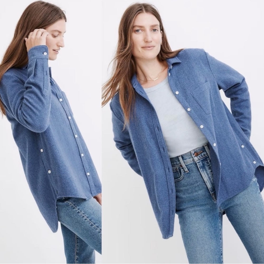 Madewell Side Button Oversized Ex-Boyfriend Flannel Shirt XXL Blue Cozy Cotton